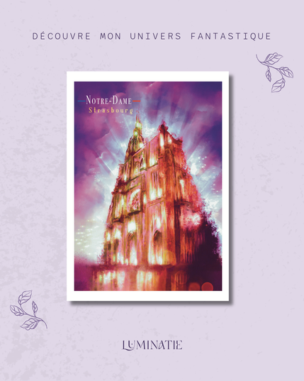 Illustration féerique semi abstraite de la cathédrale de Strasbourg avec des couleurs douces et apaisantes.
