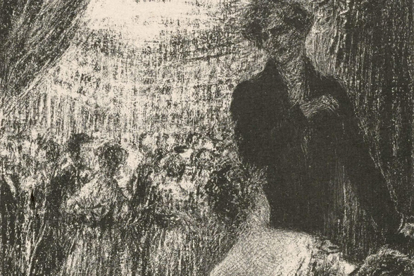 Symphonie fantastique. Un bal.

Fantin-Latour, Henri, 1836-1904

In a ballroom, in the foreground, sitting on an ottoman, a young woman is seen from behind. Behind her, seen from the front but in shadow, is the hero of the work (Berlioz). He is standing in black coat with his left arm extended and his right hand on his heart. Hangings are on the right and the left, raised on the right by a kiss. In the background, under the whiteness of the chandelier, the whirlwind of the ball.

https://commons.wikimedia.org/wiki/File:Symphonie_fantastique._Un_bal_-_DPLA_-_02c48804aee34f8e91110d7dae094351.jpg