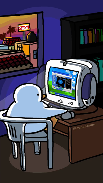 Un video en el cual un patito está usando una computadora de escritorio tipo todo en uno de la época de los 2000, una Compaq Presario, estaa conputadoras solían venderlas en paquete en México por una empresa llamada Telmex, está usando Windows Live Messenger y está escuchando música en el reproductor Windows Media, está una ventana en la cual se ve un OXXO (establecimiento de conveniencia) un paisaje urbano