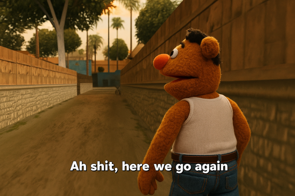 An AI recreation of the starting scene of GTA San Andreas, which featuresa Muppet version of CJ in an alleyway with the caption "Ah shit, here we go again"