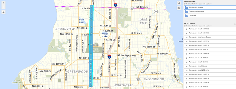 Aurora Ave map with 16 intersections marked has having 24/7 police video surveillance.