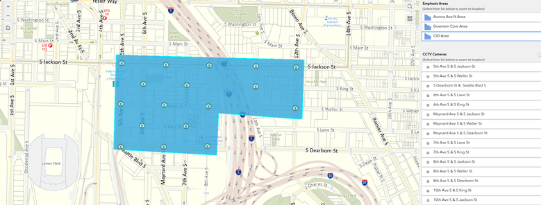 Internation District map with 17 intersections marked has having 24/7 police video surveillance. It tiles the blocks it spans in a blanket of police cameras.