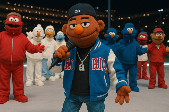 An AI-generated Muppet-style recreation of Kendrick Lamar’s Super Bowl performance in February 2025, capturing the now-iconic moment during his performance of “Not Like Us.” At the center, a puppet version of Kendrick stands confidently in a blue varsity jacket that reads “GLORIA”, holding a microphone and looking straight into the camera with a smug smirk—perfectly mimicking the real moment when he says, “Say Drake.”

Behind him is a coordinated squad of puppet dancers dressed in red, white, and blue tracksuits, mirroring the choreography and visual styling from the halftime show. The background glows with stadium lights against the night, enhancing the high-energy performance vibe. It’s a hilarious and spot-on parody of a viral cultural moment, perfectly blending puppet charm with hip-hop attitude.