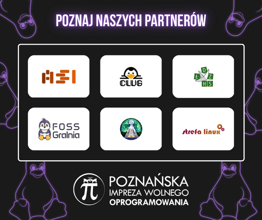 Logotypy nowych patronów medialnych P.I.W.O: ASI, CLUG, Hackerspace Łódź, FOSSGralnia, Świat Linuksa, Strefa Linux