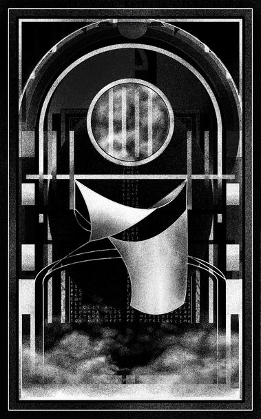 The image is a black-and-white digital artwork framed by a thick border. The composition centers around a large arched structure that encloses abstract forms. At the top, a circular shape containing vertical light bars is set within the arch. Below it, two curved, sail-like forms intersect diagonally, giving a sense of flowing fabric or banners suspended in space. In the background, vertical and horizontal lines form a grid-like architectural framework. The lower part of the image is filled with dense, fog-like textures, and faint vertical strings of letters and partial words are scattered across the background. The overall tone is stark and atmospheric, with strong contrasts and layered geometric elements.