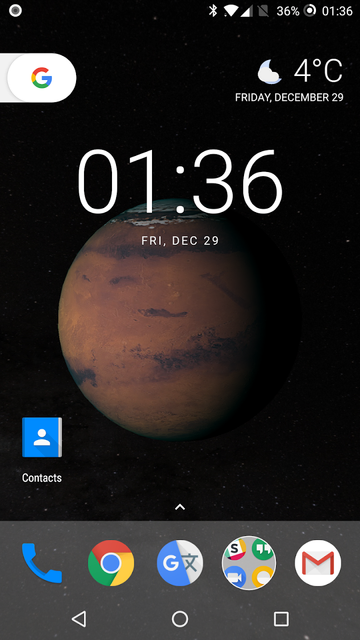 Android home-screen with the wallpaper set as Mars in dark sky background filled with stars.