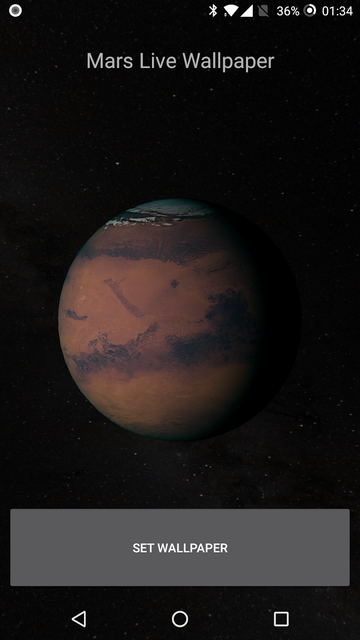 Mars in dark sky background filled with stars, free of the home widgets. A giant button "set wallpaper" at the bottom.