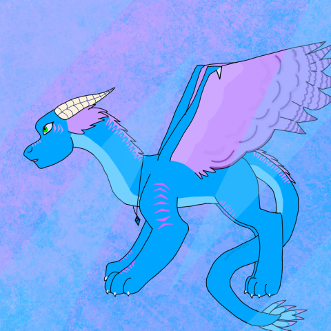 A blue and lavender dragon with white horns on her head. She has white claws and a blue crystal necklace. Her wings appear feathered and are violet in color. She has light blue and violet feathers at the end of her tail. Her eyes are green. There are hot pink zebra-like stripes on her neck, nail, shoulders and paws. She has these stripes on her muzzle and below her eyes too.