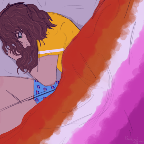 A ‘speedpaint’ or ‘speed drawing’ video made by Wafrn user Sonder. The character that’s being drawn is a young woman lying on her side. She has long, brunette wavy hair that partially covers her eyes. She has green eyes and freckles on her face & body. She’s wearing a gold and white shirt and light blue pajama shorts. The shorts have the NASA logo all over them. Most of her lower half is covered by an orange, white and pink blanket that covers most of the right bottom corner of the drawing.