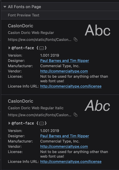 A screenshot of the font panel in the Firefox inspector. It shows an info card for Caslon Doric Web Regular, designed by Paul Barnes and Tim Ripper, manufactured by Commercial Type