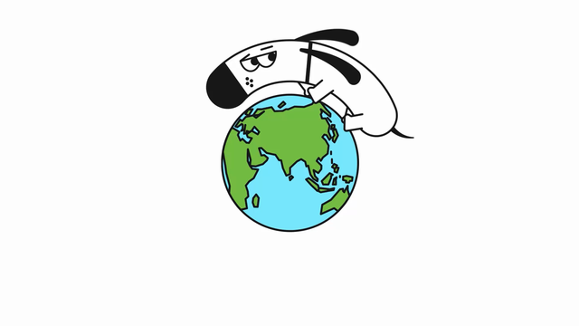 An animation with Kagi's cartoon dog mascot, named Doggo, walking around a globe with pop up texts of "Hello" in different languages.