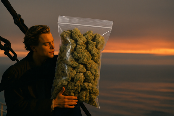 The famous image from the Titanic movie where Jack has his arms around Rose at the front of the ship, except Rose has been completely replaced by a huge bag of marijuana.