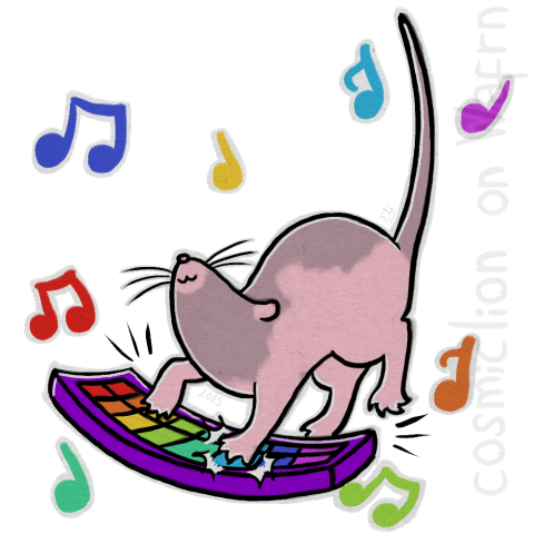Digital flat color illustration of Neil the rat. He is happily stomping on his colorful toy piano. The background is transparent and there are rainbow colored music notes around.