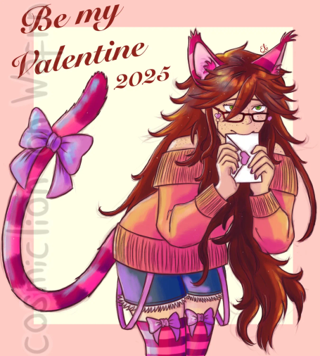 Digital fully rendered illustration of Grell Sutcliff from Black Butler (in her Cheshire Cat form from the Ciel In Wonderland OVA), drawn from the knees up. She is wearing a peach colored off shoulders sweater, jean shorts, stockings with horizontal stripes in light and dark pink and pink bows on the top and a pink bow on her tail. Instead of the classic skulls, her glasses chain has tiny pink heart charms. She is slightly hunching forwards in a cute pose and holding a white envelope with a pink heart stamp in both hands and mouth with a pleading look. On the upper left corner of the picture it says "Be my Valentine 2025" in ellegant red cursive letter. The background is light pink with a pale yellow square in the middle.