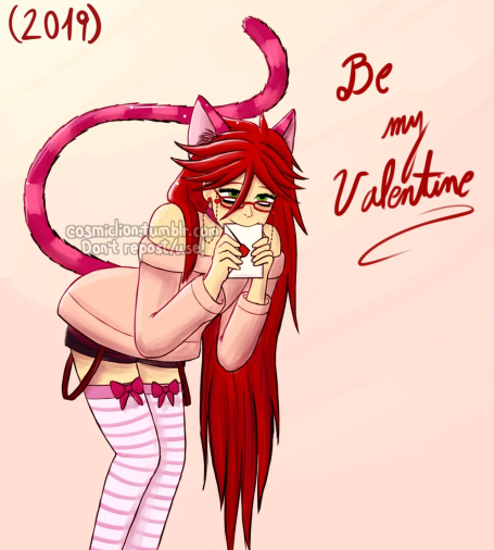 Digital full render illustration of Grell Sutcliff from Black Butler (in her Cheshire Cat form from the Ciel In Wonderland OVA), in a very similar outfit, pose and expression as in the first image, but this one is older and a lot of improvement can be seen in the first one. The background is a gradient from white to very light pink. On the upper left corner of the picture it says "2019" between round brackets and on the upper right corner it says "Be my Valentine" in ellegant red cursive letter.