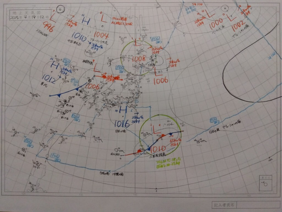 2025年4月19日正午の気象通報を基に描いた天気図