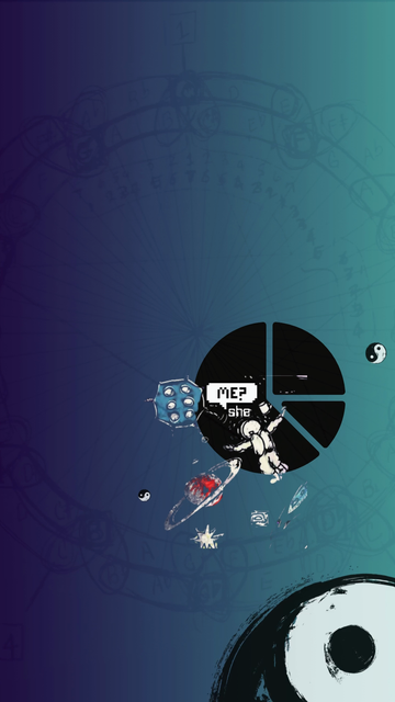 A gradient of blues with a outer space dripping from the top corner, a yin-yang looks like an eyeball in the bottom right, and a pie chart with an astronaut, space debris and the comics-fonted caption , "ME? she”.  In the mid-background the ghostly image of John Coltrane’s handwritten musical math connections.