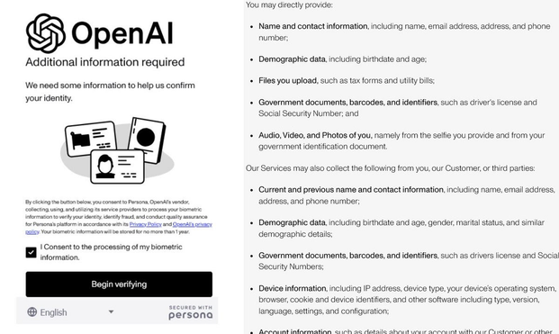 OpenAI identity verification screen with "Begin verifying" button.