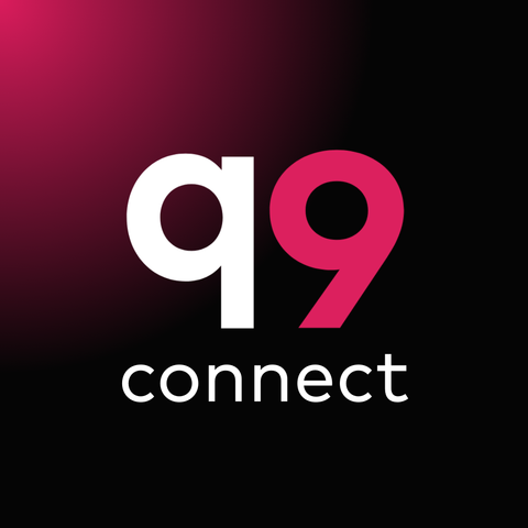 A square image with the lowercase q of the Quad9 logo in white and the magenta 9 of the logo in the center above the word "connect." The background colors start in the top left corner with a muted magenta and fades into black.