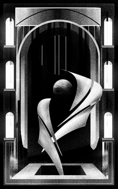 The image depicts a large, vertically oriented architectural interior rendered in black and white. The space is framed by a symmetrical structure composed of tall, arched windows set into thick walls. These windows emit a soft, diffused light that illuminates the scene from both sides. At the center of the composition stands a sculptural element, consisting of curved, blade-like forms that intersect and spiral upward. Behind this central structure, a spherical object resembling a planet or orb is partially embedded in shadow. Above, a circular opening or decorative element is divided by vertical lines, echoing the rhythm of the windows. The architecture combines elements of classical arches with modernist geometry, and the overall lighting emphasizes strong contrasts between light and shadow, giving depth and dimensionality to the space.