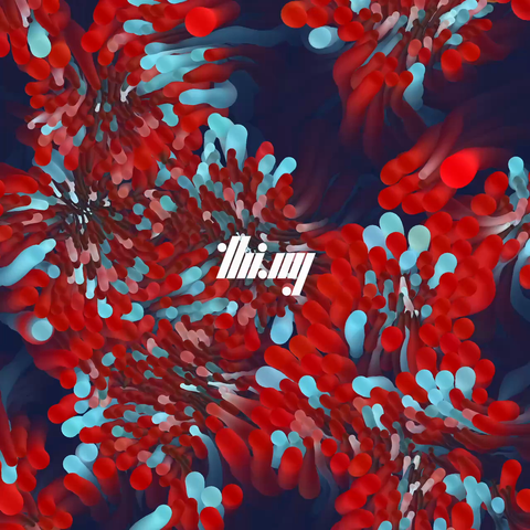 Short generative animation of 1000 agents/boids exhibiting self-organizing flocking behaviors. Each boid's radius and color is controlled by the distance to its neighbors. The colors are chosen from a gradient of intense reds and light blues on dark blue background. Each agent has pseudo-3D appearance and is leaving a very slowly fading trail, creating aesthetics reminiscent of sea anemones...