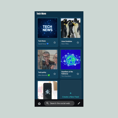 Screenshot from Surf app depicting Tech Wave section of the Surf Shop against a pale green background. The four feeds featured are: 
- Sarah Perez’s Tech News
- Sean Tilley’s Linux Evolution
- Mike Masnick’s Tech Policy
- Tim Chambers’ Guardians of the Fediverse

