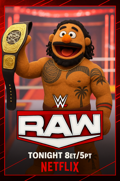 A fun, puppet-style parody of a WWE “Monday Night Raw” poster featuring a Muppets-inspired version of Jey Uso. The character stands in the ring with a proud smile, holding up the WWE World Heavyweight Championship belt in one hand. His puppet design includes detailed Samoan-style tattoos across his chest and arms, a thick black beard, long braided hair, and a gold chain around his neck—all signature elements of Jey Uso’s real-life look.

The background shows a stylized WWE arena, bathed in red lighting. Front and center is the WWE Raw logo, with bold text underneath reading:
TONIGHT 8ET/5PT
NETFLIX

The image blends the intense persona of Jey Uso with the playful charm of The Muppets, making it both fierce and funny.