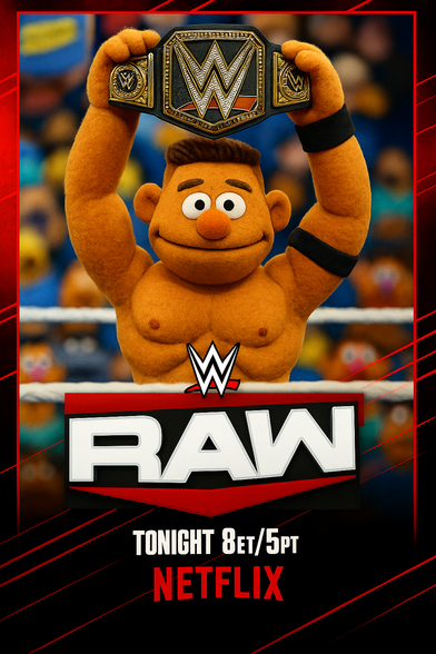 A playful, AI-generated parody of a WWE “Monday Night Raw” promotional poster featuring a Muppets-style puppet version of John Cena. He stands proudly in a wrestling ring, holding the WWE Championship belt high above his head with both hands. The puppet has Cena’s signature short haircut, orange nose, expressive eyes, black armbands, and a muscular felt-textured physique that mimics his real-life build.

In the background, a colorful crowd of other puppet characters fills the arena. Below the ring ropes, the bold WWE Raw logo is prominently displayed, with the text underneath reading:
TONIGHT 8ET/5PT
NETFLIX

The overall style blends WWE’s larger-than-life drama with the quirky, charming aesthetic of The Muppets.