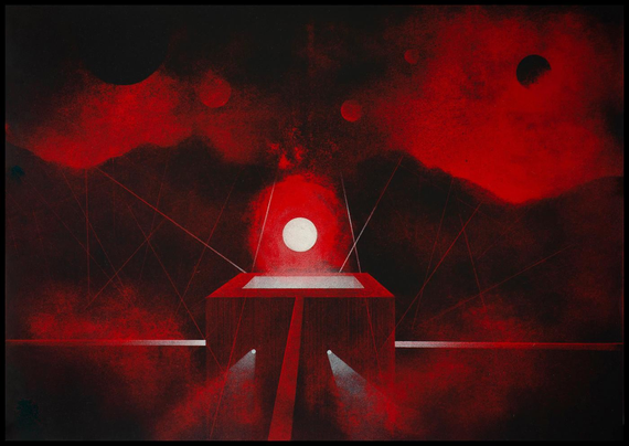 The image presents a surreal, dreamlike night scene set in a dramatic red and black color palette. A glowing red orb, partially caged by vertical bars, sits at the center of a striped platform, drawing immediate focus. The sky is dense with swirling red clouds and multiple dark celestial spheres, suggesting an otherworldly atmosphere. Abstract architectural forms frame the composition—sharp-edged, geometric structures emerge from the darkness, with some lines of bright white slicing through the scene like beams or rails. In the background, silhouettes of mountains rise under the blood-red sky, enhancing the feeling of isolation and mystery.