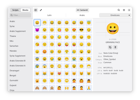 A screenshot of Runemaster, showing the Emoticons block. The selected character is GRINNING FACE
