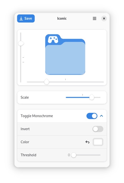 A screenshot of Iconic, showing a folder with an icon of a game controller. It's color has been set to white, and it has been repositioned to the corner of the folder's tab, shrunken to fit