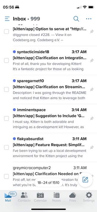 Screenshot of screenful of issue notification emails for kitten/app sent every few minutes starting at ~3AM. Each from a different account.