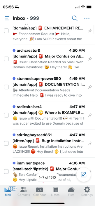 Same as before but scrolled to show more emails up to ~4:50AM and on various projects.