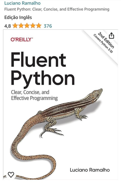 Captura de tela da Amazon.com mostrando a capa de Fluent Python Second Edition (O’Reilly) com 4.8 estrelas após 376 avaliações.