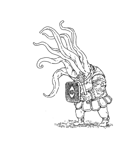 Drawing of a warrior with tentacles instead of head, a mace, and a shield with an eye painted pon it.