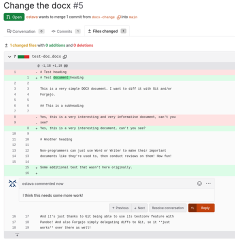 A screenshot of Forgejo diffing what looks like a Markdown document, but upon further inspection, the file name is "test-doc.docx". This is diffing a Word document! And there is also a review comment on one of the changed lines.