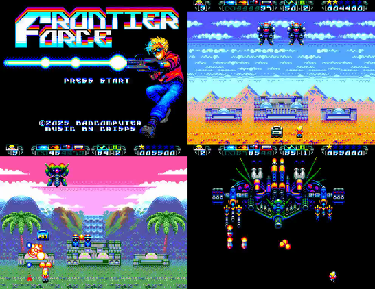 A collage of 4 images showing different states of a new SEGA Master System game called Frontier Force. The top-left image is the title screen, top-right is a desert landscape with a blue sky and enemies in the sky. Bottom-left is a jungle landscape with green grass, palm trees and a pink sky. Bottom-right is a large blue boss enemy.