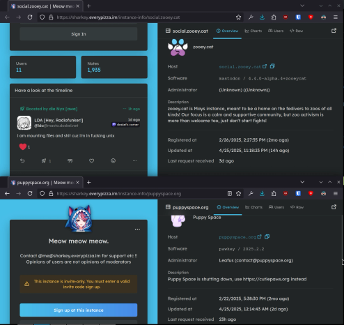 screenshot #4. two firefox windows showing that social.zooey.cat and puppyspace.org are being federated with
