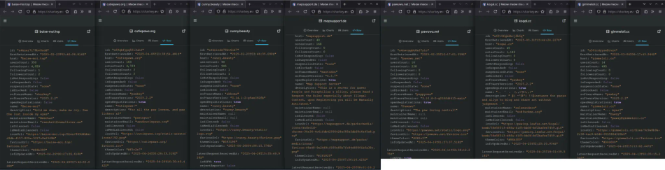 screenshot #2. a stitched together screenshot of multiple firefox windows in a row that all show the "raw" tab on the 7 NSFW-marked instances from the perspective of nyx's server. none of these instances are blocked, suspended, silenced/media silenced, or not responding.