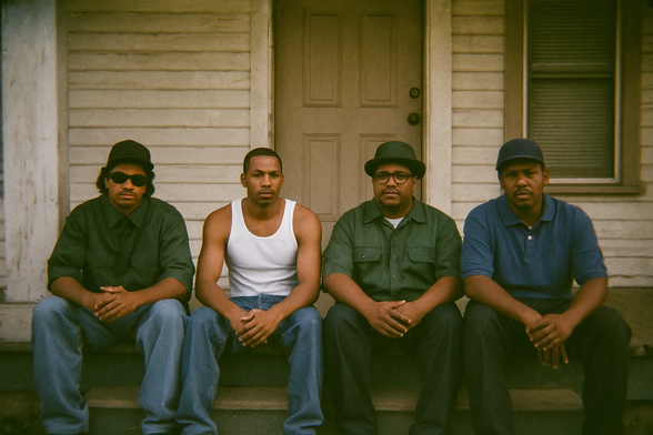 CJ, Ryder, Big Smoke, and Sweet from Grand Theft Auto: San Andreas sit side by side on the porch steps of CJ’s house. The house has weathered, off-white wooden siding and a tan door behind them. CJ, wearing a white tank top and jeans, sits second from the left. Ryder, on the far left, wears dark sunglasses, a black cap, and a dark green button-up shirt. Big Smoke, third from the left, wears glasses, a black hat, and a matching dark green shirt. Sweet, on the far right, wears a navy blue polo shirt and a navy cap. All four characters sit with serious expressions, hands resting on their knees, giving a gritty, classic San Andreas vibe.