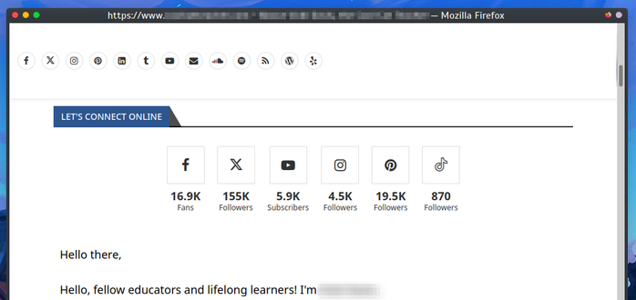 Screenshot of a website with the phrases "LET'S CONNECT ONLINE" and "Hello, fellow educators …". (I obscured the person's identity.)