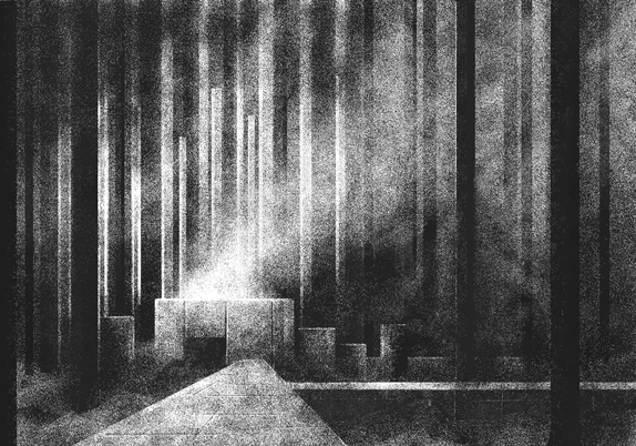 MsPaint black and white landscape depicting a foggy forest with a concrete shape in the middle. 