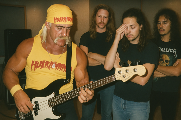 Hulk Hogan, wearing a yellow “HULKAMANIA” bandana and matching tank top, is shown seriously playing a bass guitar. Behind him, three members of Metallica — James Hetfield with his arms crossed, Lars Ulrich holding his forehead in frustration, and Kirk Hammett crossing his arms with a frown — watch with looks of concern and disbelief. The setting appears to be a recording studio. The image was created with AI, inspired by Hulk Hogan’s infamous and widely doubted claim that he once tried out to be Metallica’s bassist.
