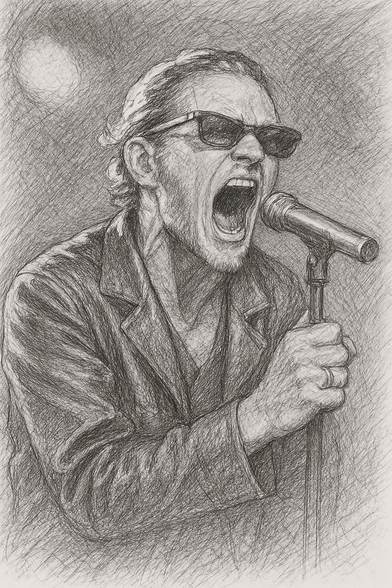 A detailed pencil-style sketch shows Layne Staley, the late lead singer of Alice In Chains, passionately singing into a microphone. He wears sunglasses and a loose, open jacket, with his mouth wide open mid-scream, emphasizing the raw emotion he was known for. His hair is slicked back, and veins in his neck are visible from the intensity. The shading is rough and energetic, capturing the gritty feeling of his performances. The artwork was created with AI to resemble a hand-drawn portrait.