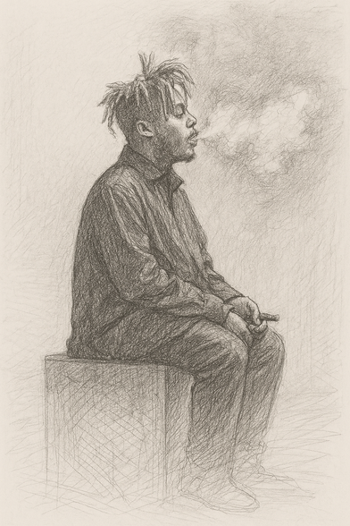 A pencil-style sketch shows Juice WRLD sitting sideways on a low block, wearing a loose, dark outfit. He holds a blunt in one hand and blows out a thick cloud of smoke, his expression calm and distant. His hair is styled in his signature dreadlocks with blond tips. The background is softly textured, fading into the smoke. This artwork is based on Juice WRLD’s look from the “Hate Me” music video and was created with AI to mimic the appearance of a hand-drawn portrait.