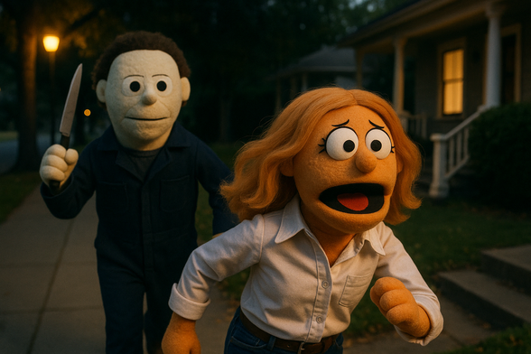 Two Muppet-style puppets reenact a scene inspired by the horror movie Halloween. A puppet version of Michael Myers, dressed in a dark blue jumpsuit and holding a large knife, chases after a frightened female puppet with long orange hair, who is wearing a white button-down shirt and jeans. The scene takes place on a suburban sidewalk at night, with a porch light glowing in the background. The atmosphere combines a spooky setting with the playful, exaggerated look of Muppets. The image was created using AI.