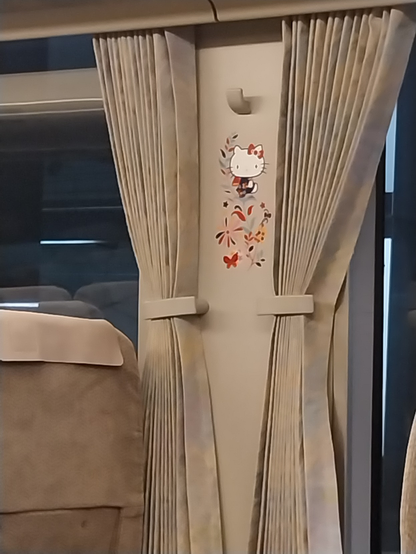 A close-up of a Hello Kitty themed wall panel inside the train