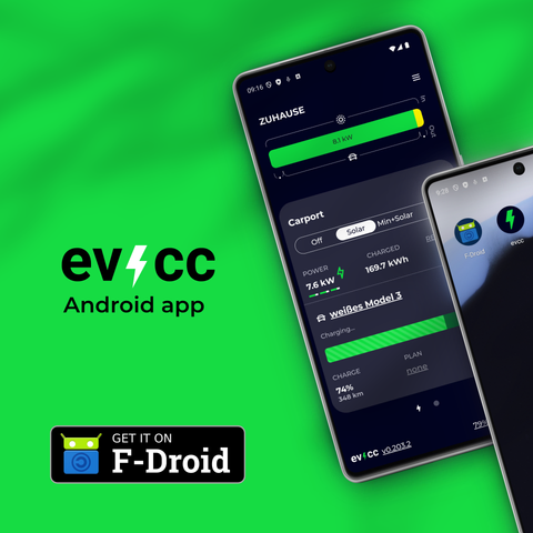 Smartphone with evcc Android app installed.
Get it on F-Droid Badge.