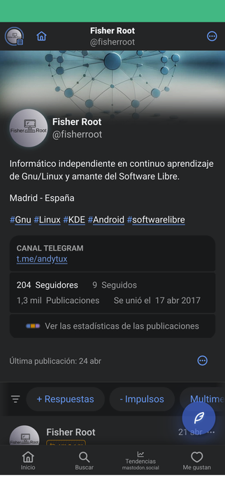 Phanpy en Android 14 usando aplicación progresiva en Firefox.