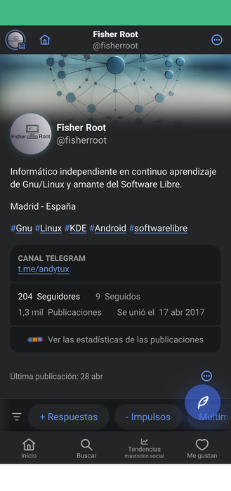 Phanpy en Android 11 usando aplicación progresiva en Firefox.